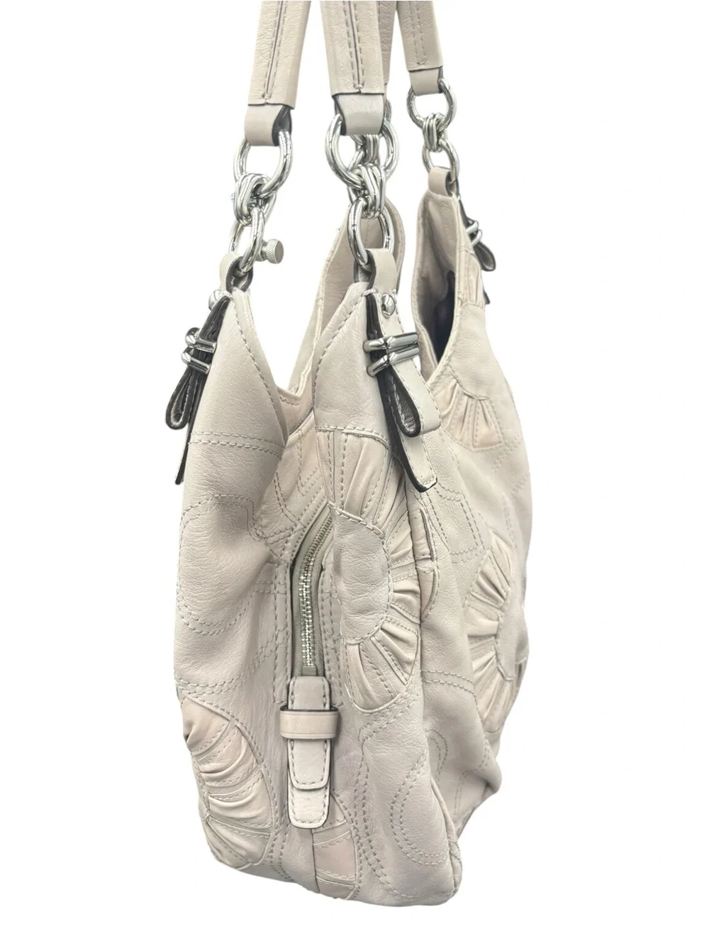 Coach Kristin Leather Pleated Floral Appliqué Hobo Shoulder Bag Ivory Taupe 2010